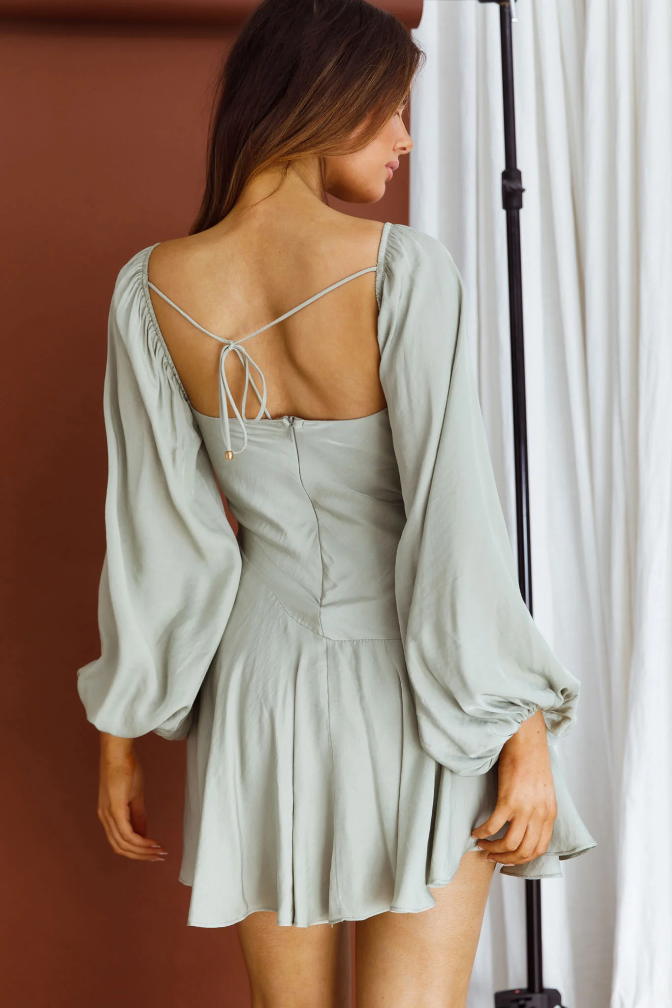 Beaujolais Long Sleeve Cowl Neckline Ruffle Satin Mini Dress Pistachio