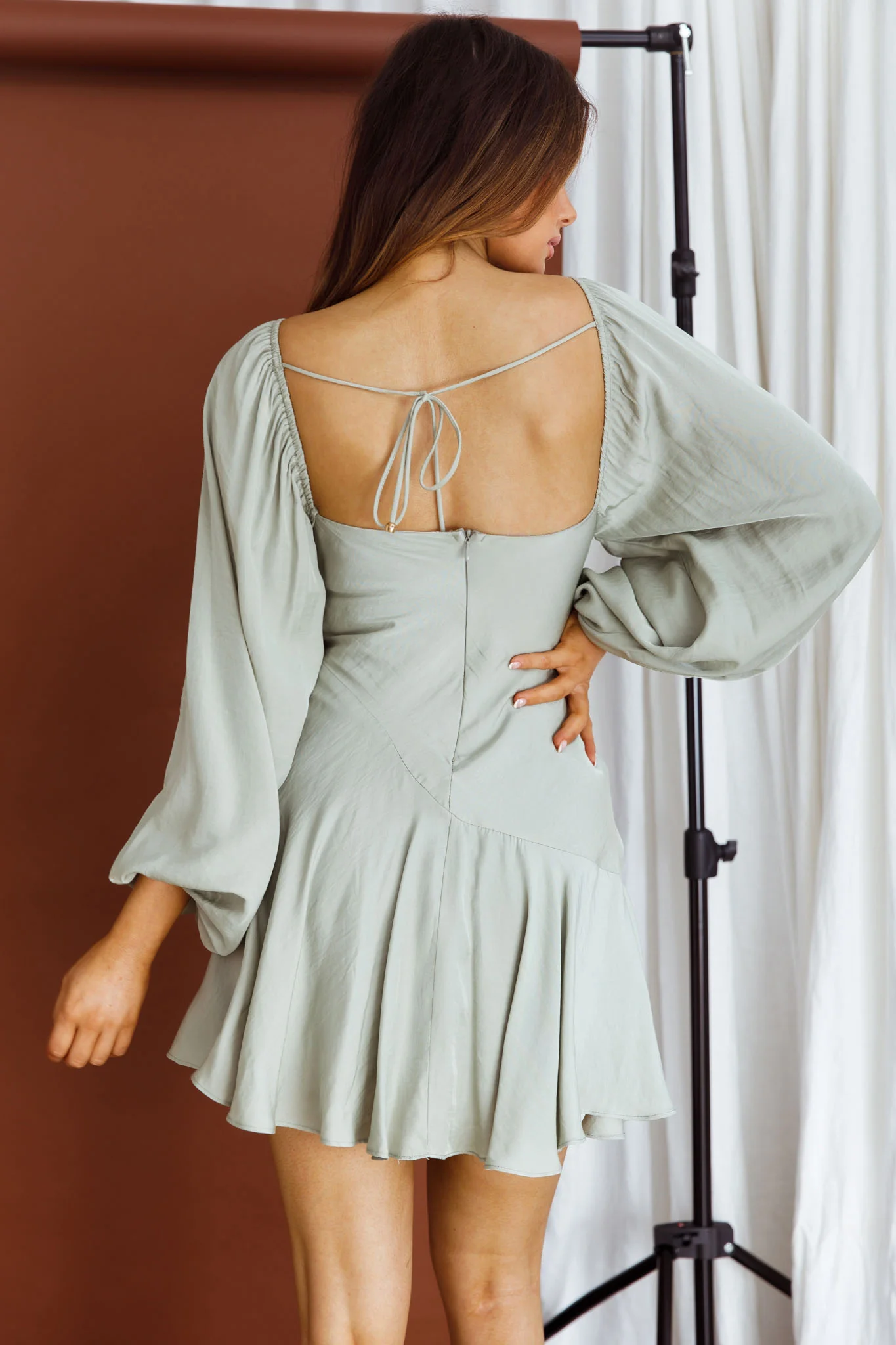 Beaujolais Long Sleeve Cowl Neckline Ruffle Satin Mini Dress Pistachio