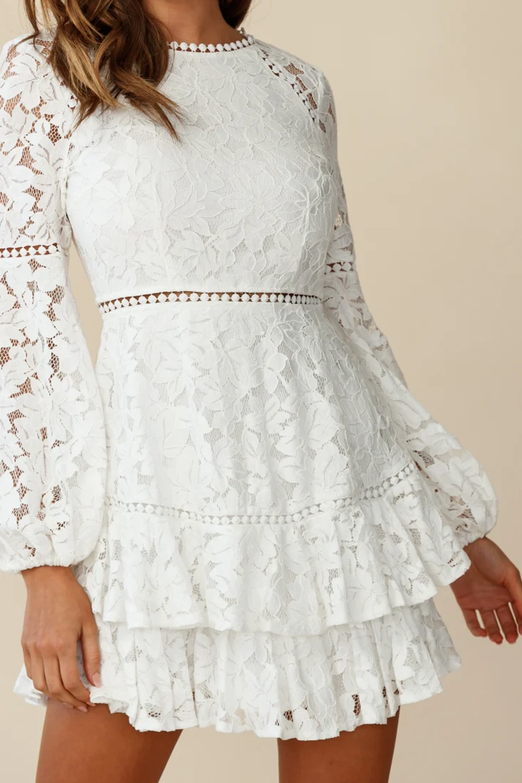 Henrietta Lace Overlay Long Sleeve Ruffle Dress White