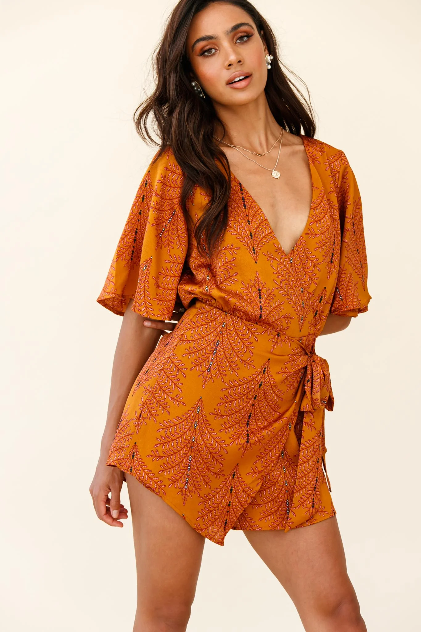 Nadi V-Neckline Wrap Romper Leaf Print Mustard