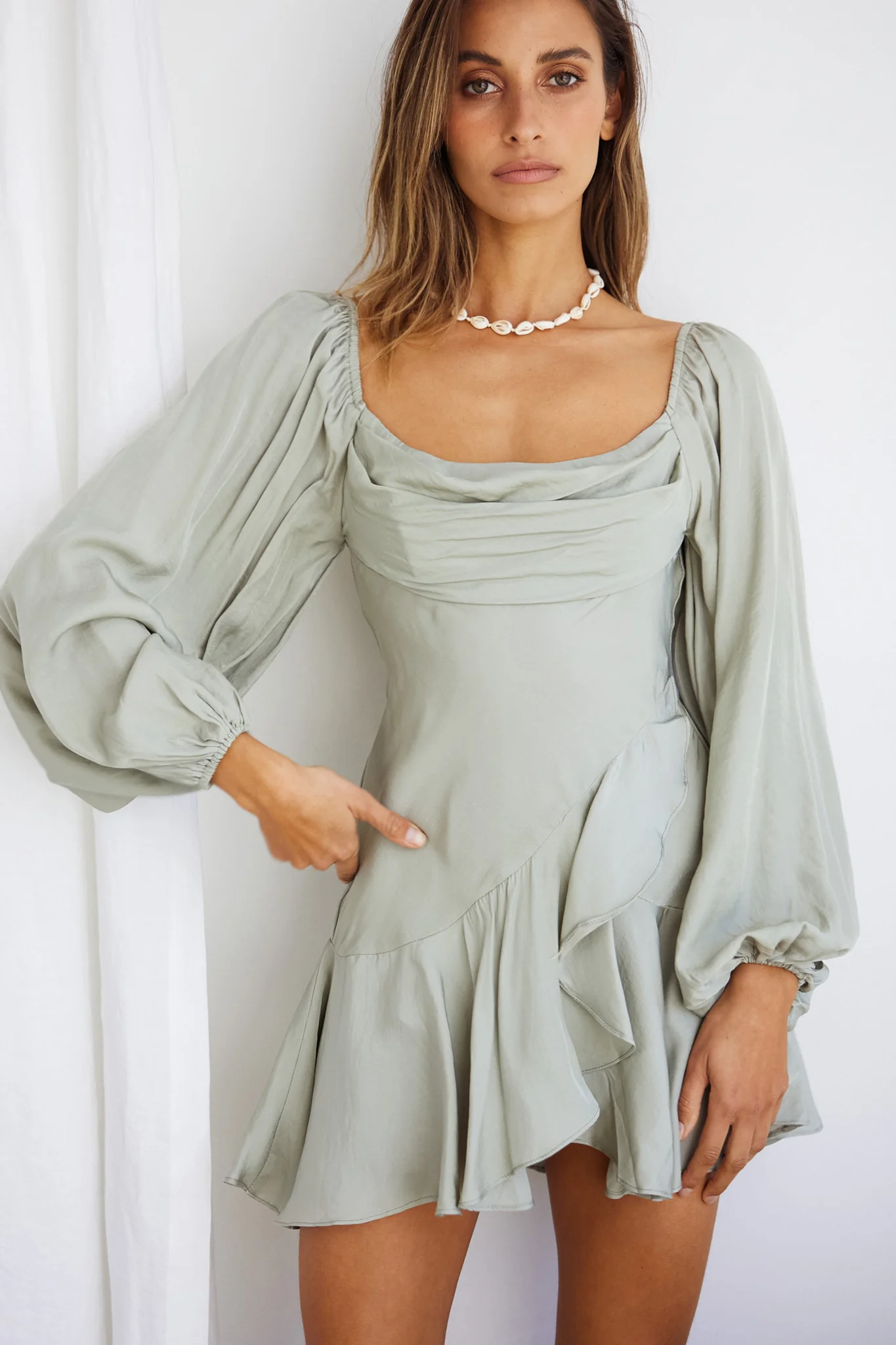 Beaujolais Long Sleeve Cowl Neckline Ruffle Satin Mini Dress Pistachio