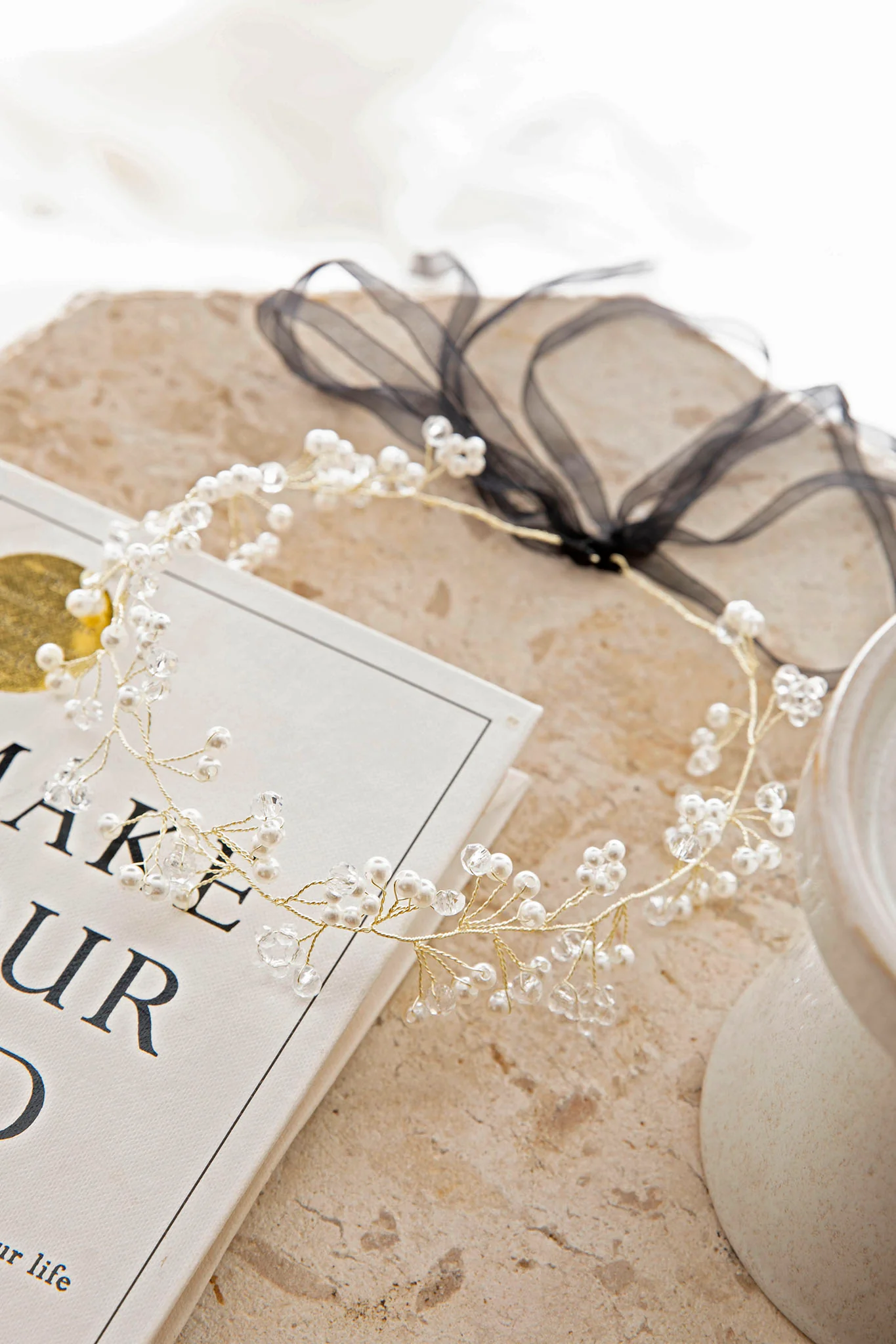 Enchanted Pearl & Crystal Wire Headband Gold