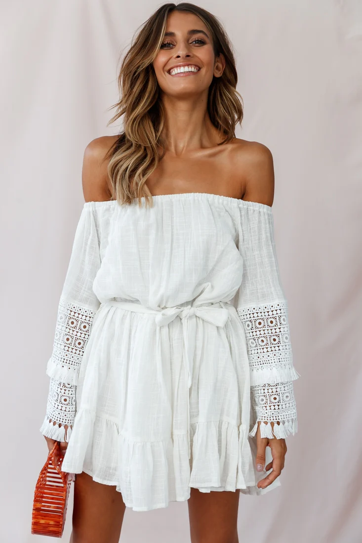 Mona Off-Shoulder Embellished Sleeve Dress White