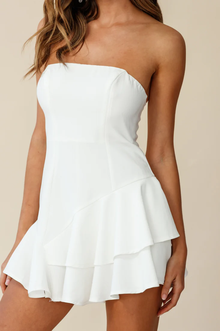 Candy Strapless Layered Ruffle Hem Romper White