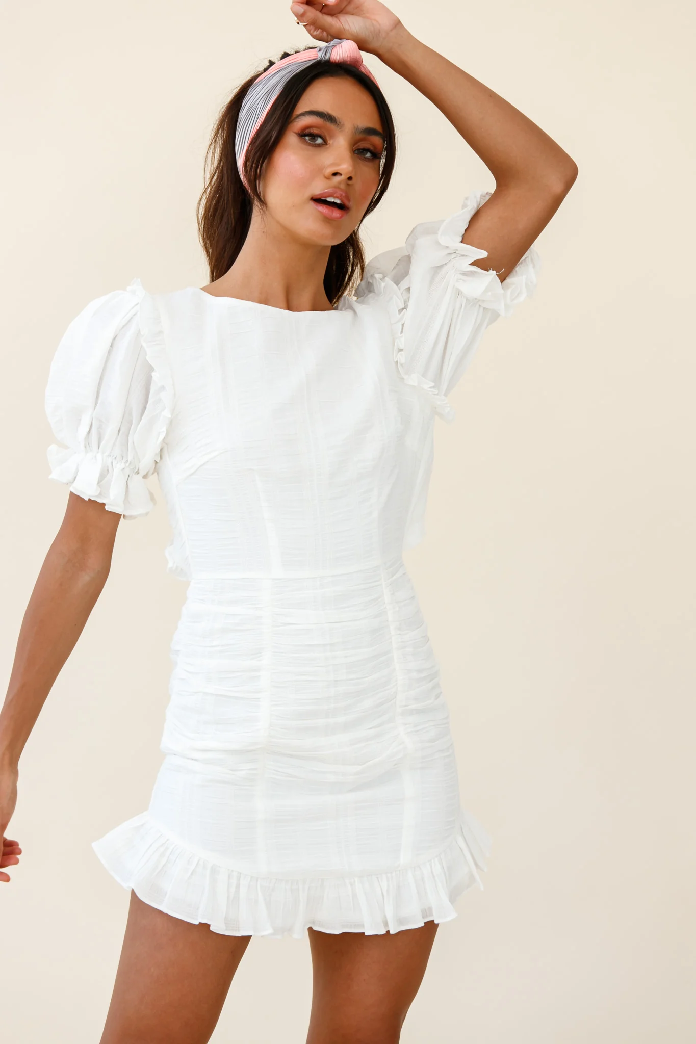 Icing On The Cake Open Back Ruched Dress White