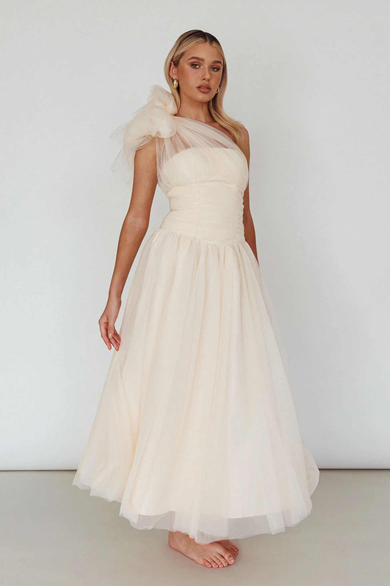 Let's Elope Bow Shoulder Midi Dress Butter