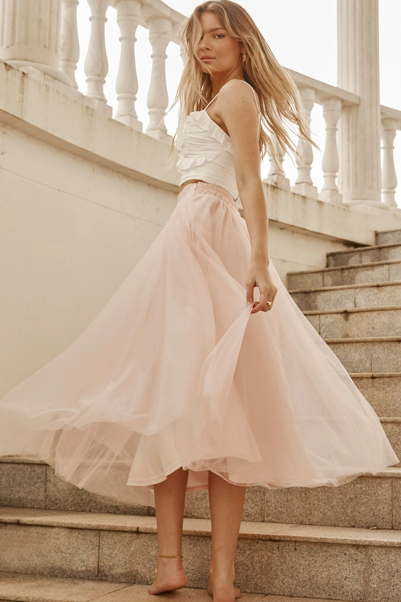 Jasmine Organza Mesh Elasticated Waist Midi Skirt Blush