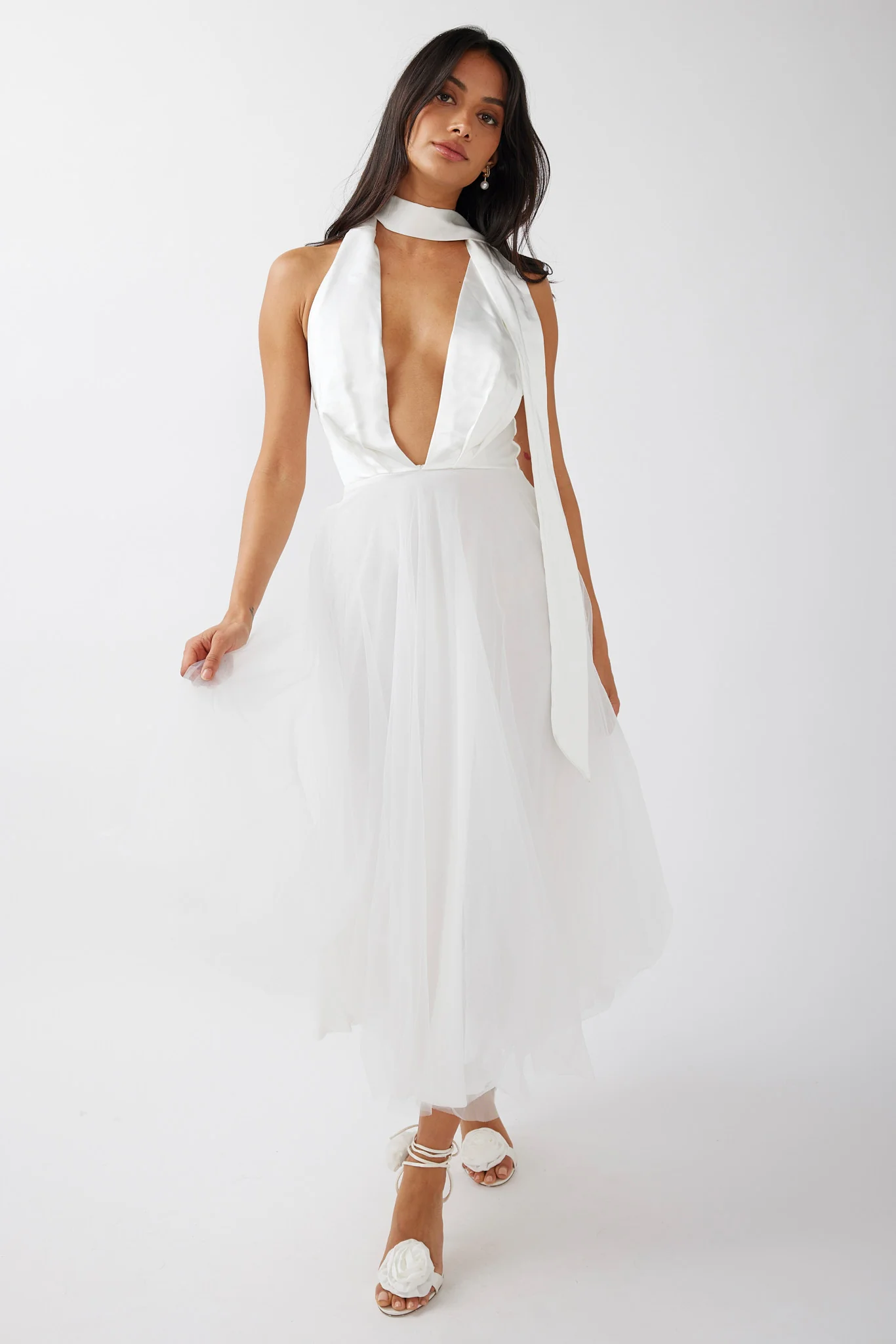 Darci Plunging Neckline Tulle Midi Dress White