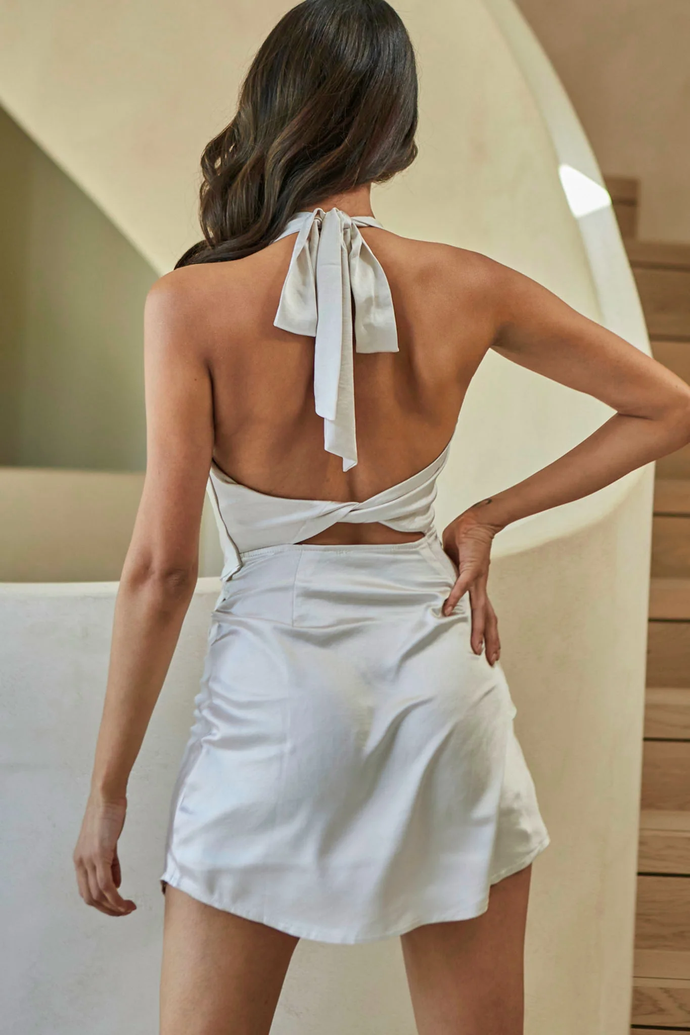 Sonoma Cowl Neckline Faux Wrap Twist Back Mini Dress Oyster