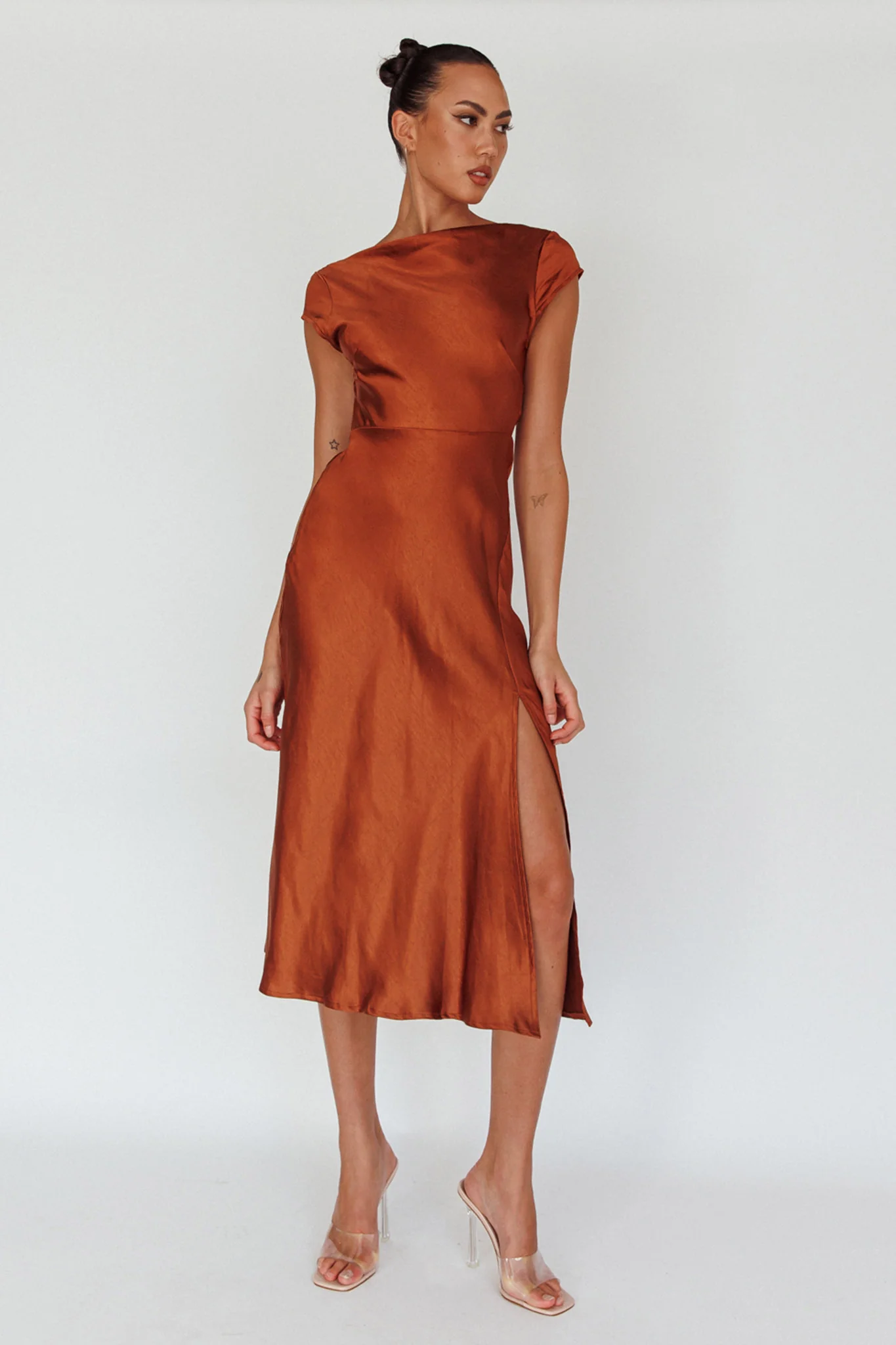 Lucinda Twist Back Midi Dress Brown