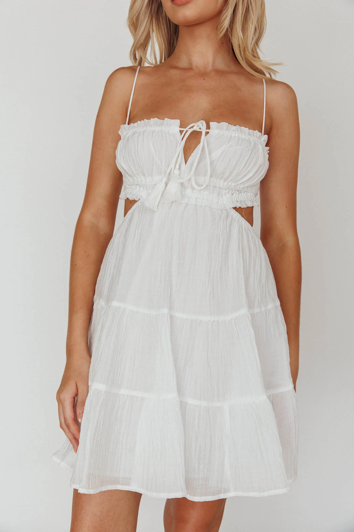Eyona Cut-Out Waist Tie Mini Dress White