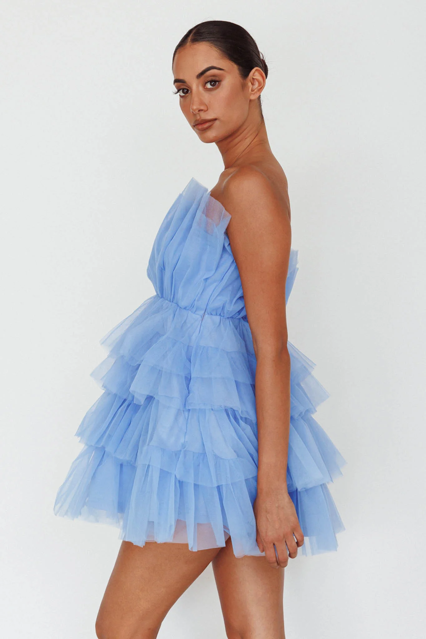 Bon Bon Tiered Mesh Mini Dress Steel Blue