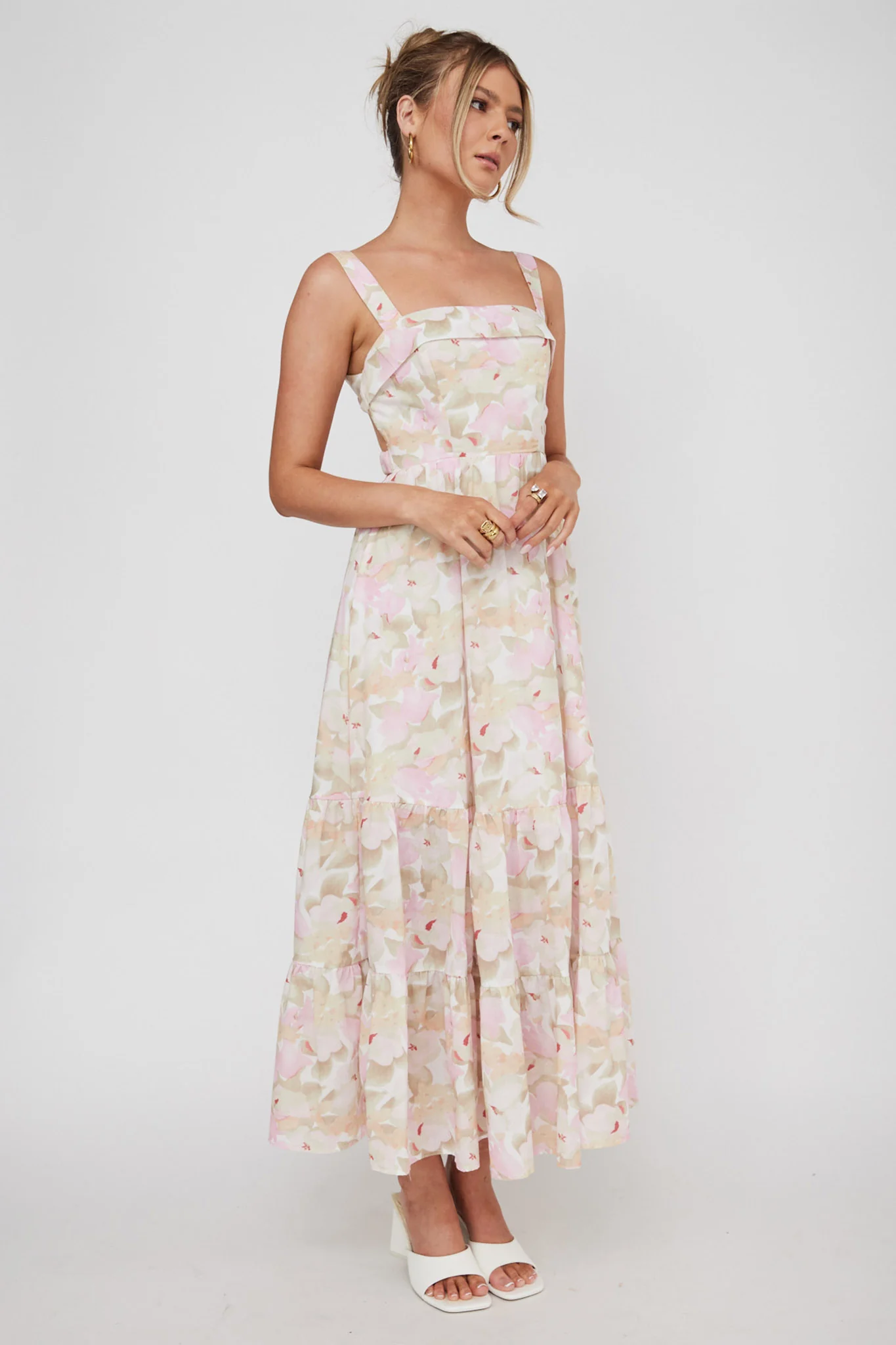 Lisseth Foldover Neckline Midi Dress Floral Pink