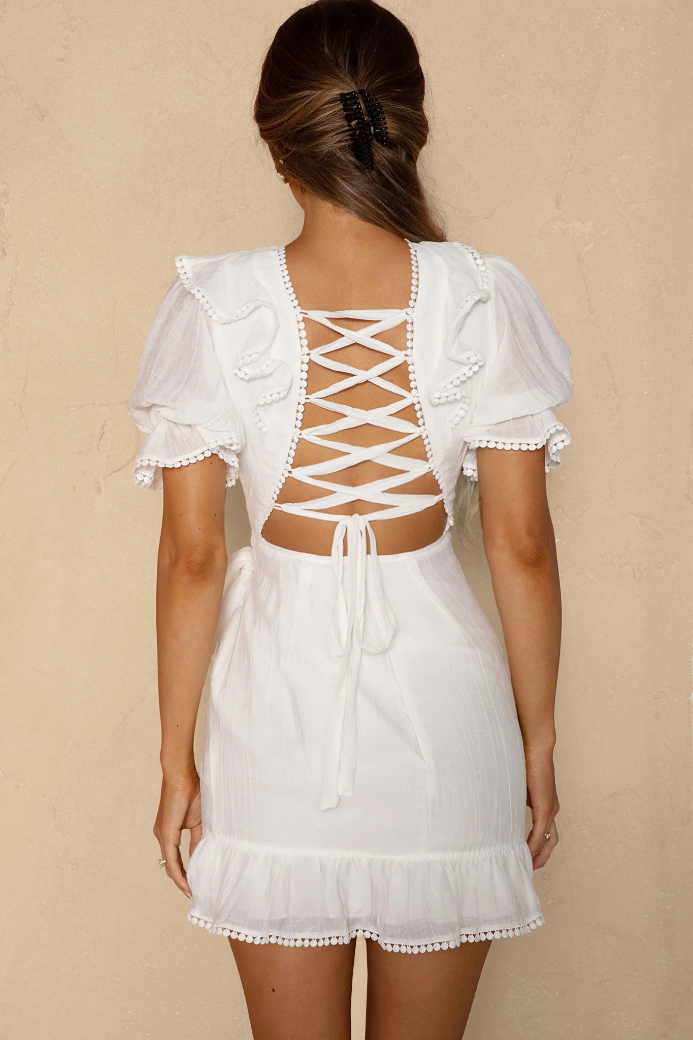 Charade Puff Sleeve Wrap Skirt Corset Back Dress White