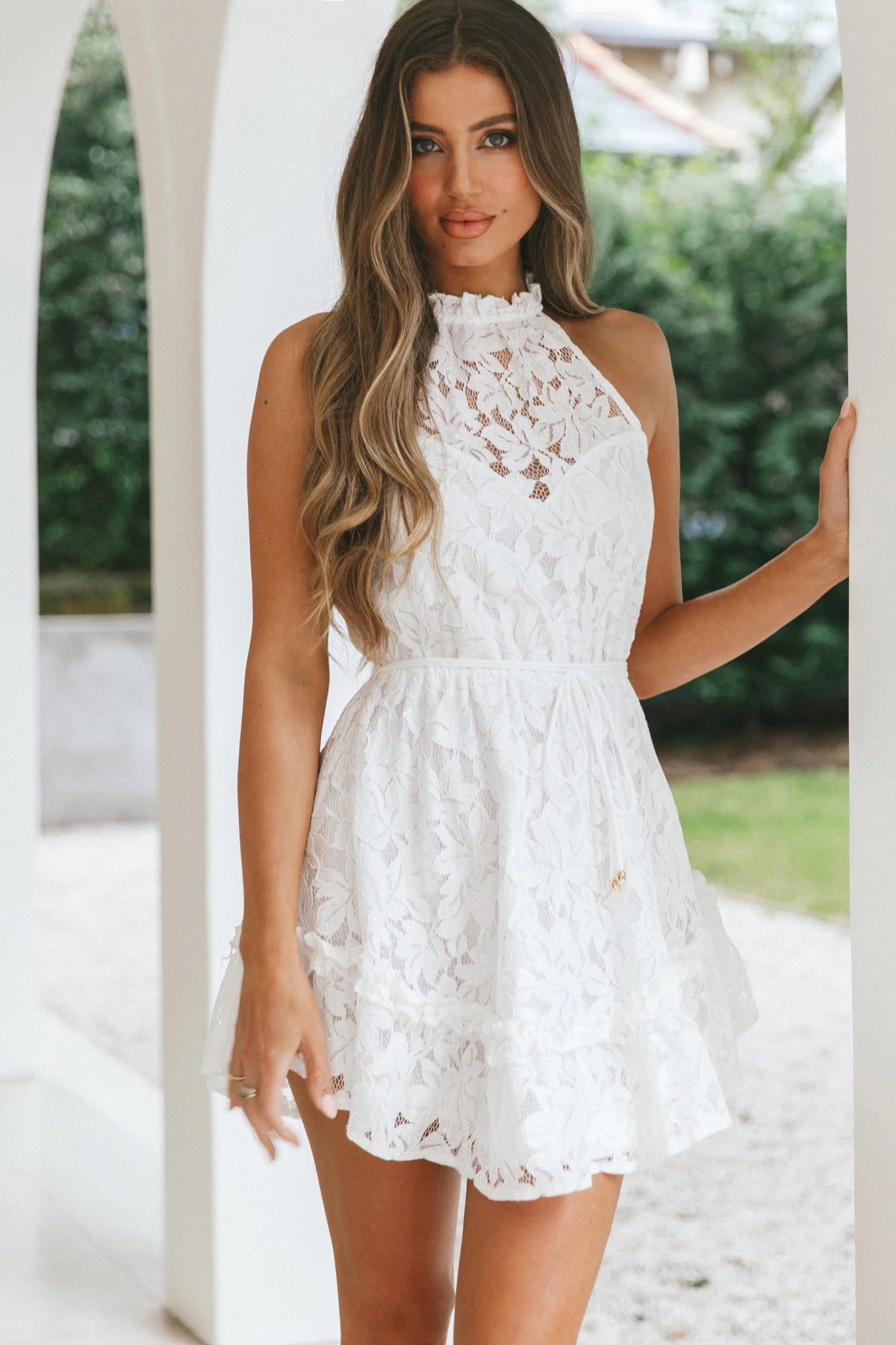 Ever After Halterneck Elasticated Waist Lace Mini Dress White