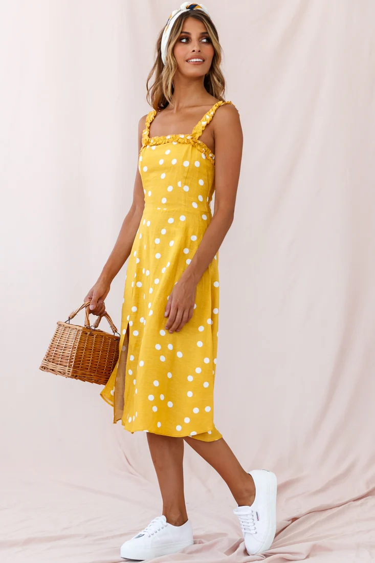 Magdalene Frill Strap A-Line Midi Dress Yellow Mustard