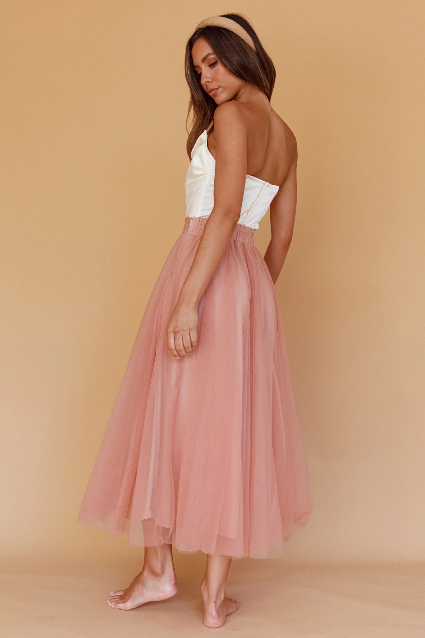 Jasmine Organza Mesh Elasticated Waist Midi Skirt Lipstick