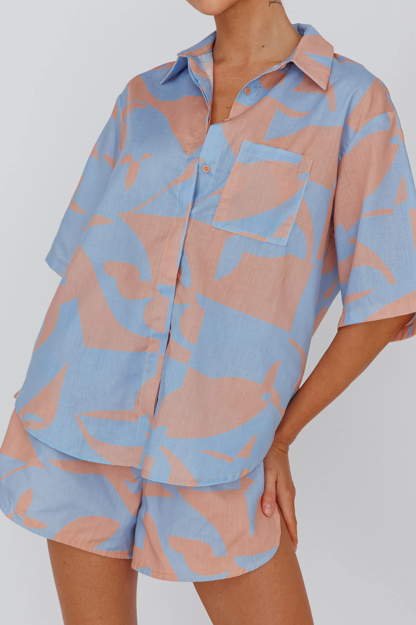 On Vacay Button-Up Shirt Print Blue
