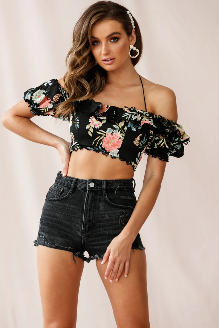 Dallas Halterneck Ruffle Sleeve Crop Top Floral Print Black
