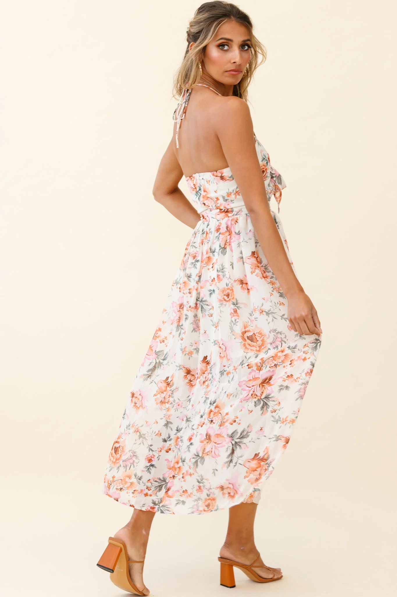 Los Feliz Tied Bust Halterneck Midi Dress Floral Print Pink