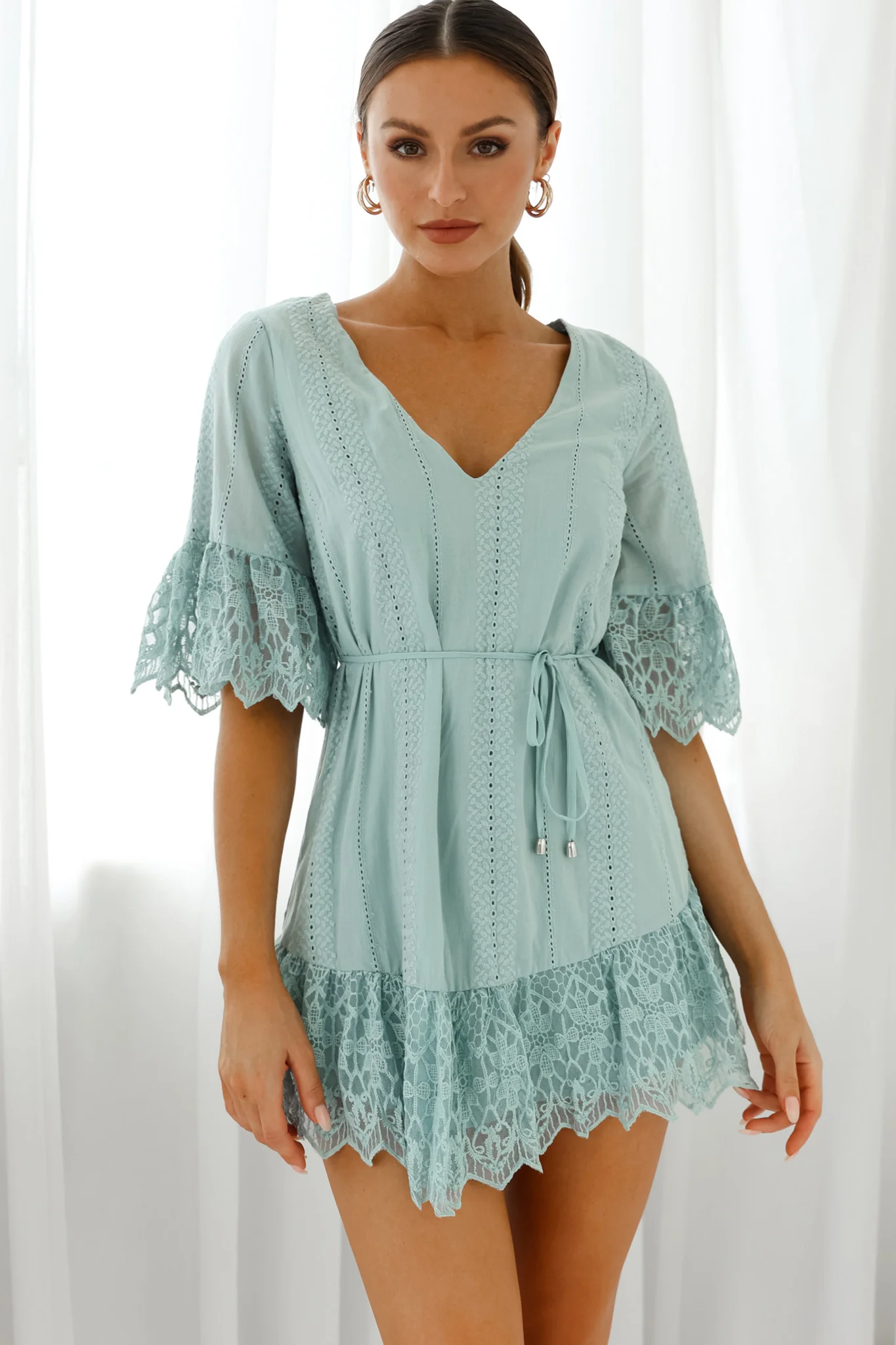 Karissa Lace Trim Waist Tie Tunic Dress Sage