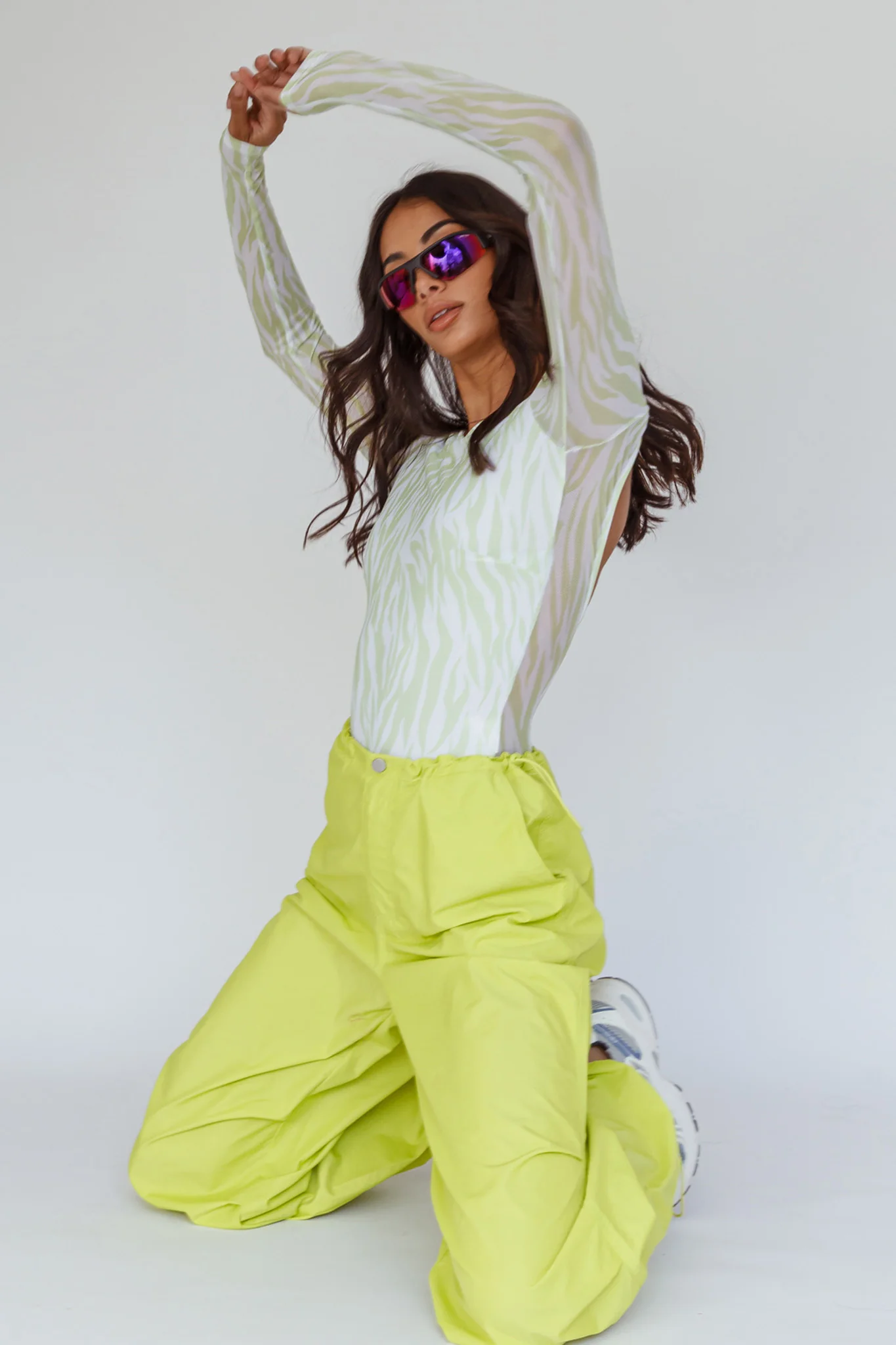 Juni Long Sleeve Low Back Mesh Bodysuit Tiger Lime