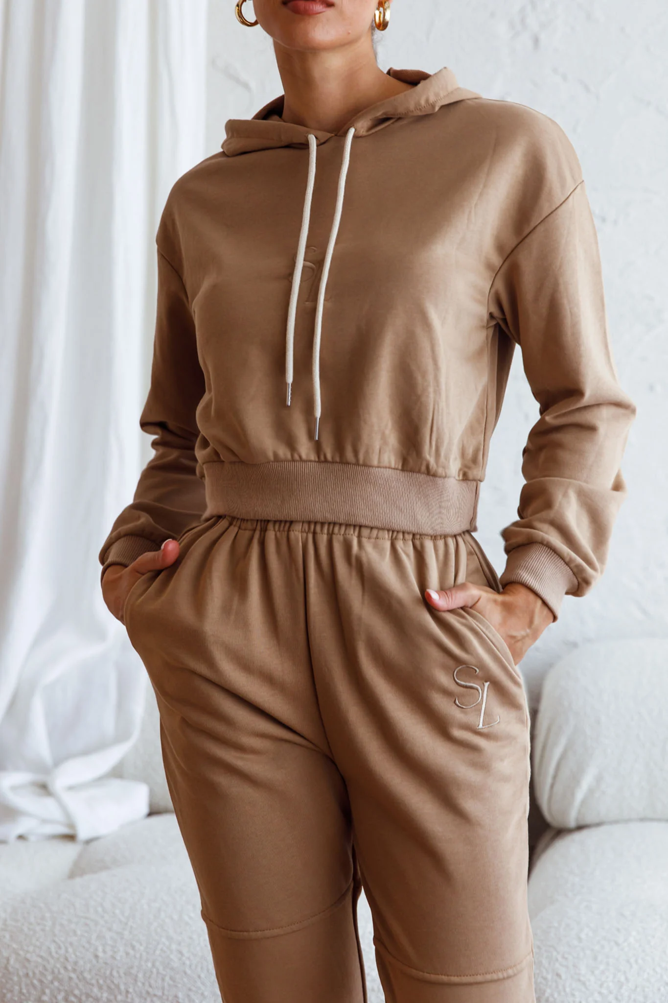 Glow Getter Elasticated Waist Embroidery Logo Jogger Pants Beige