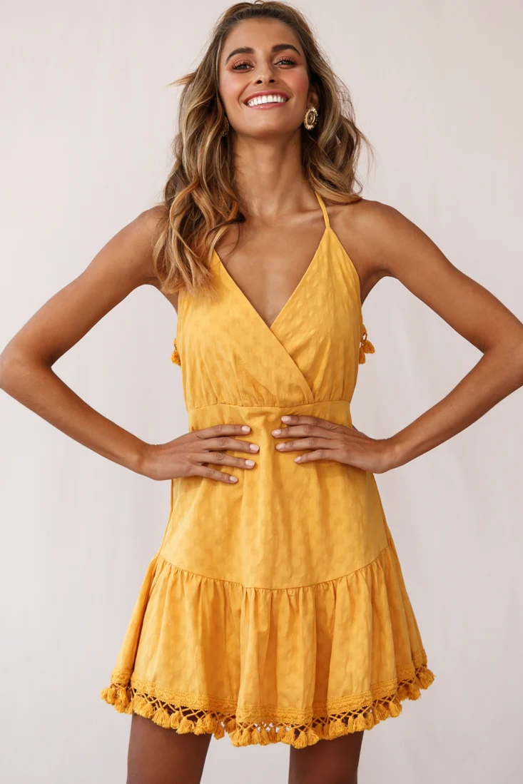Lazy Days Tied Back Tassel Trim Dress Mustard