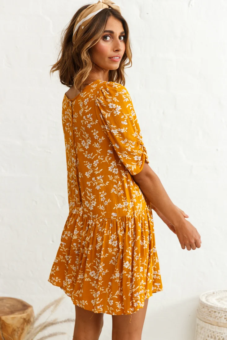 Marika Dropped Waist Short Sleeve Shift Dress Floral Print Mustard