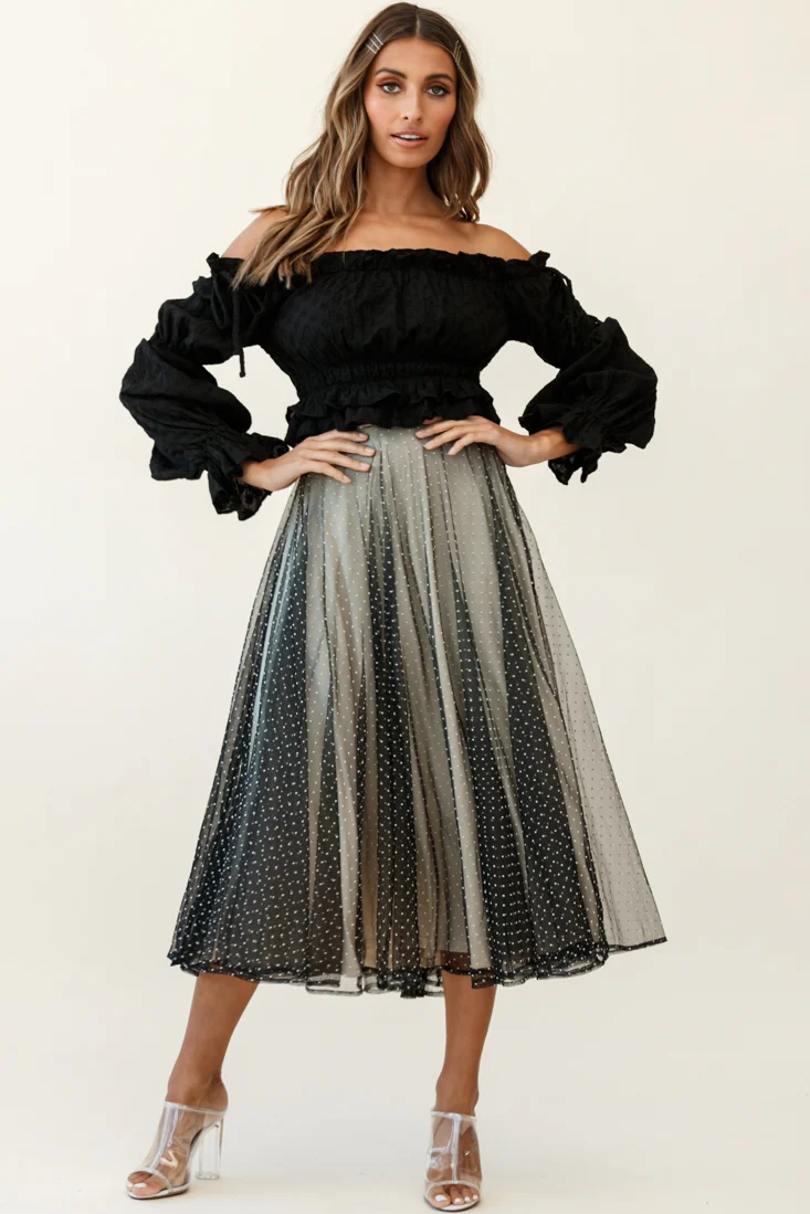 Jasmine Hail Spot Mesh Midi Skirt Black
