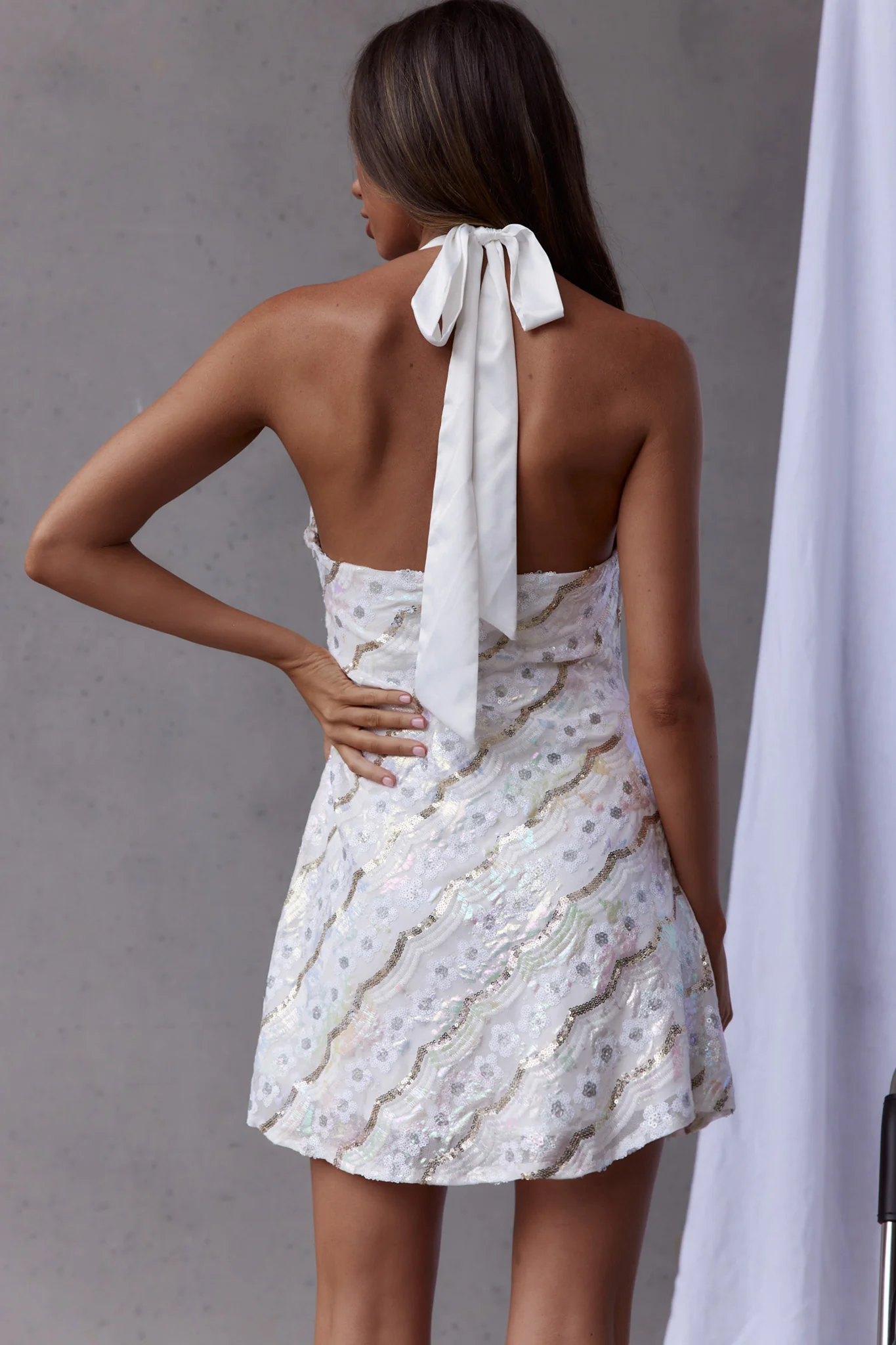 Champagne Showers Halterneck Slip Mini Dress Sequin Flower White