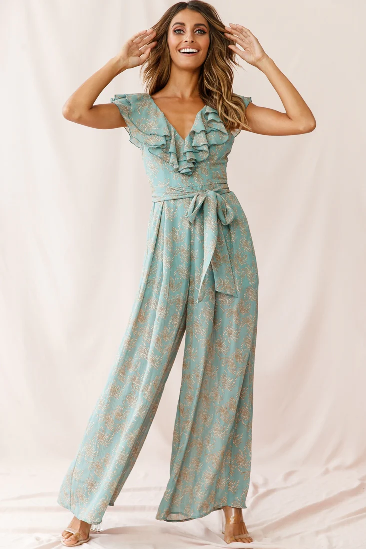 Marcia Ruffle Strap Wide Leg Jumpsuit Floral Print Sage
