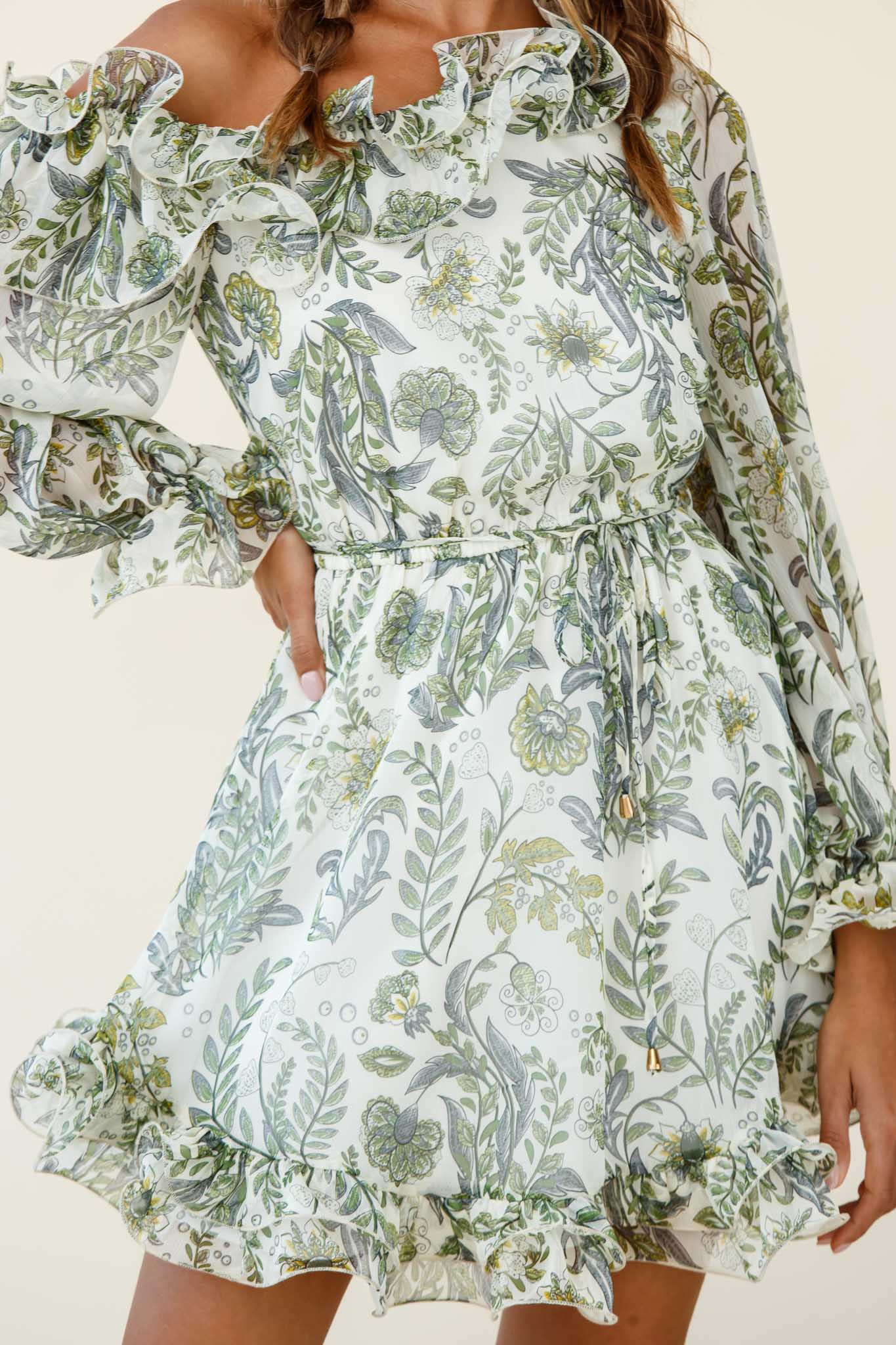 Rhiannon Off-Shoulder Lettuce Frill Dress Floral Print White