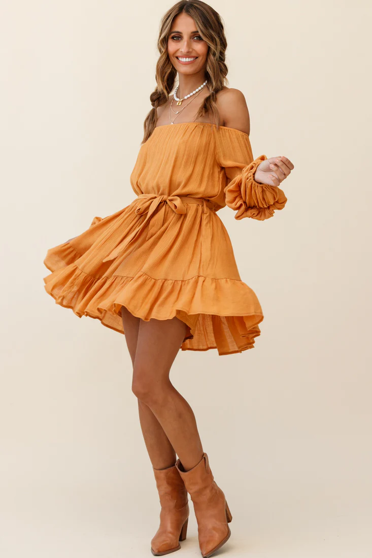 Frida Off-Shoulder Waist Tie Dress Tan