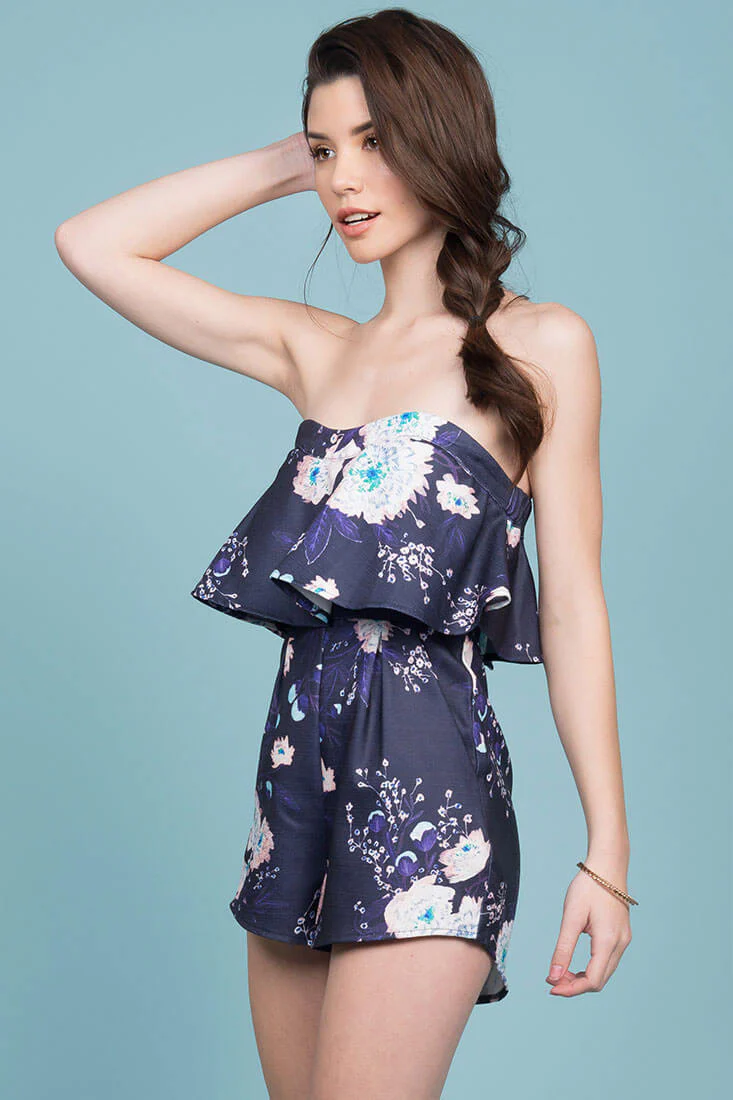 Fiesta Floral Ruffle Party Romper Navy