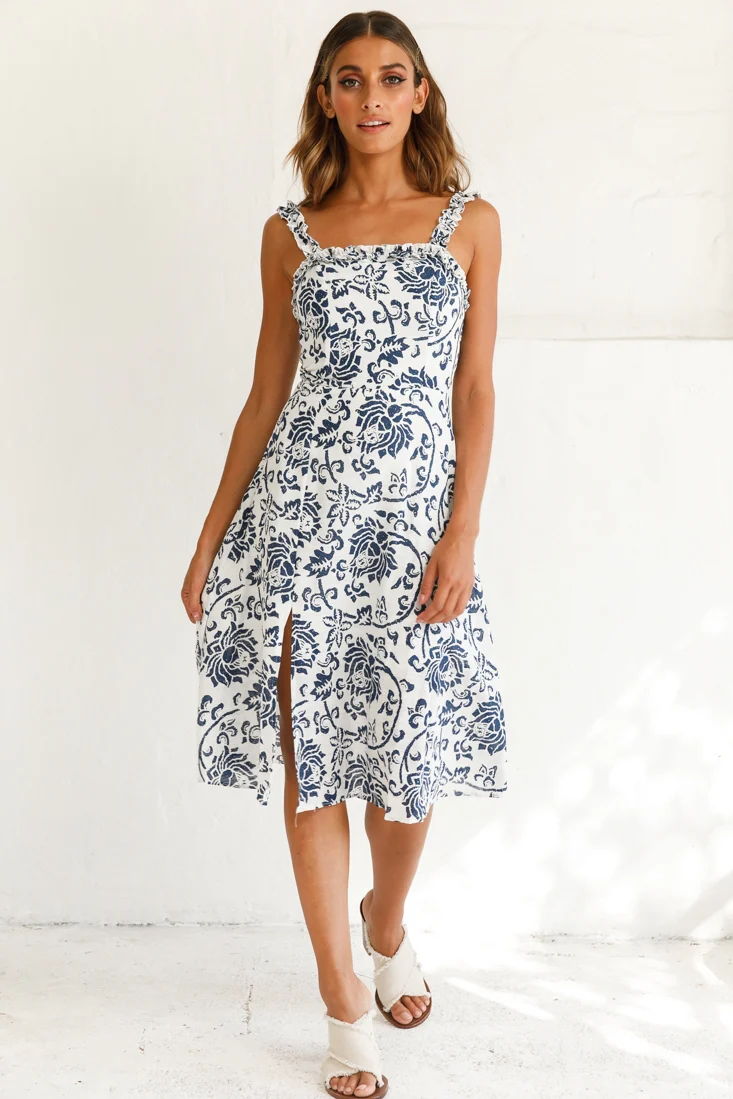 Magdalene Frill Strap A-Line Midi Dress Floral Print White