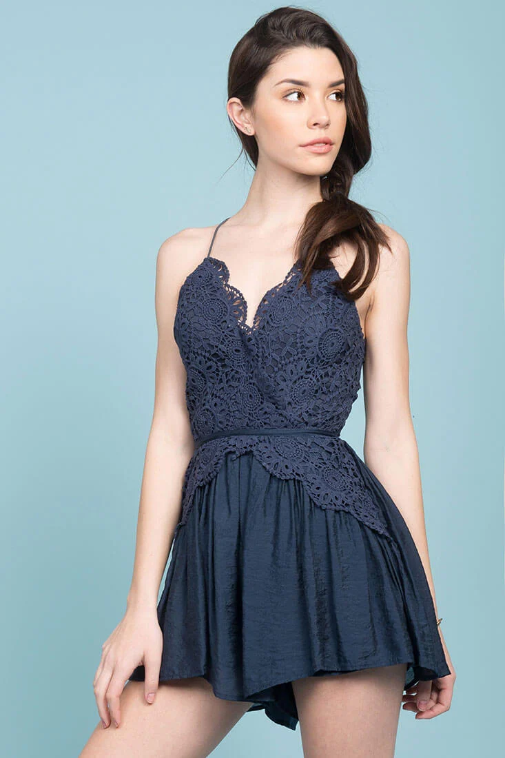 Henley Lace Top Romper Navy