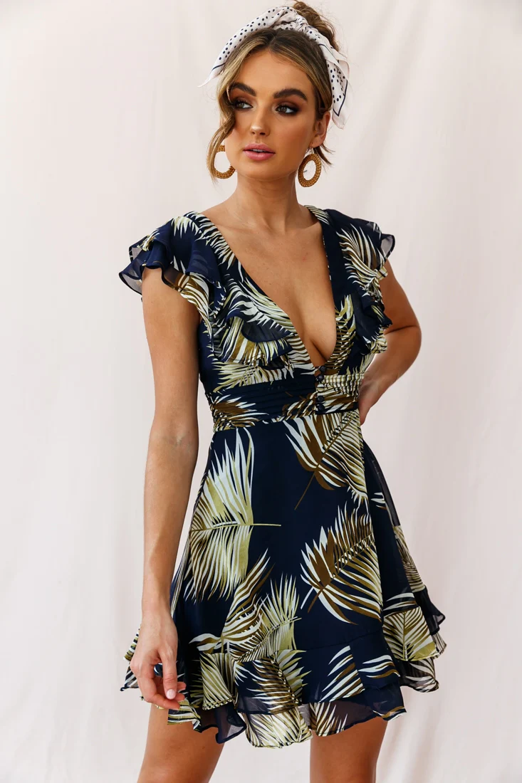 Shaina Pintuck Placket Empire Cut Dress Palm Print Navy