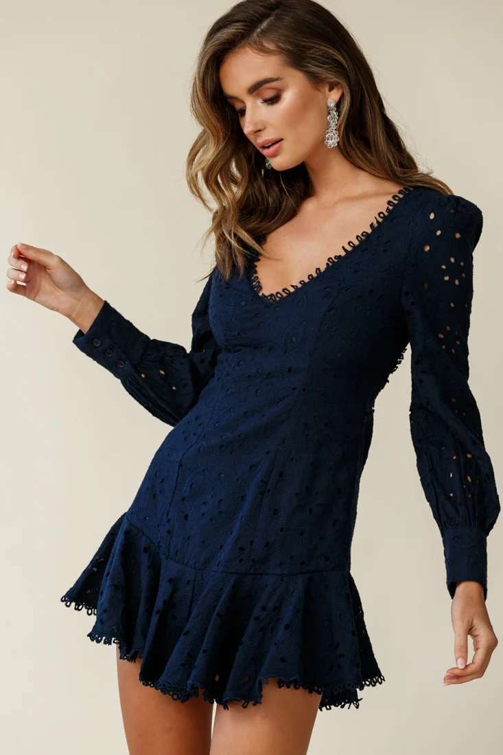 Camellia Open Back Cuff Sleeve Dress Anglaise Navy