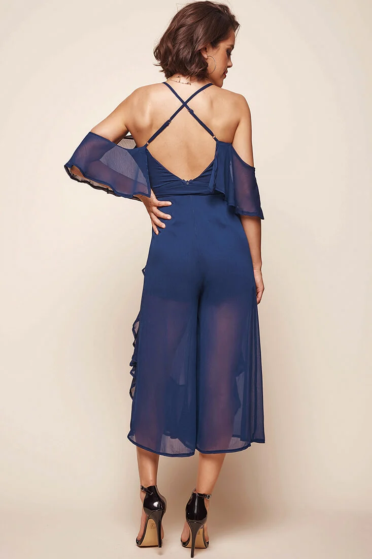 Constance Midi Ruffle Jumpsuit Navy