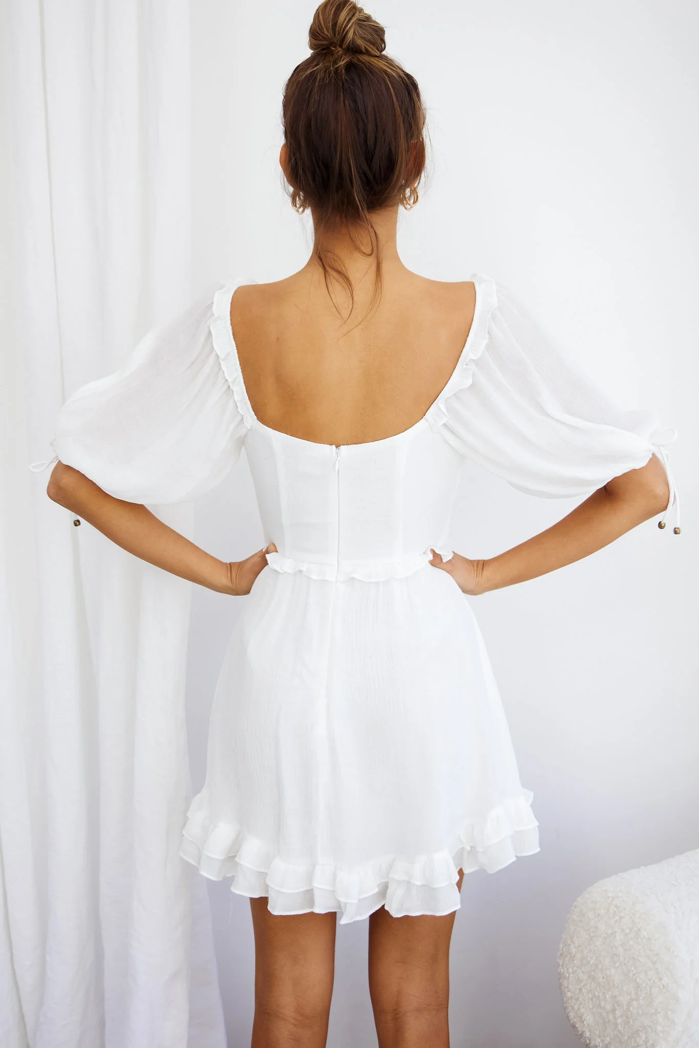 Kirra Puff Sleeve Ruched Bodice Dress White