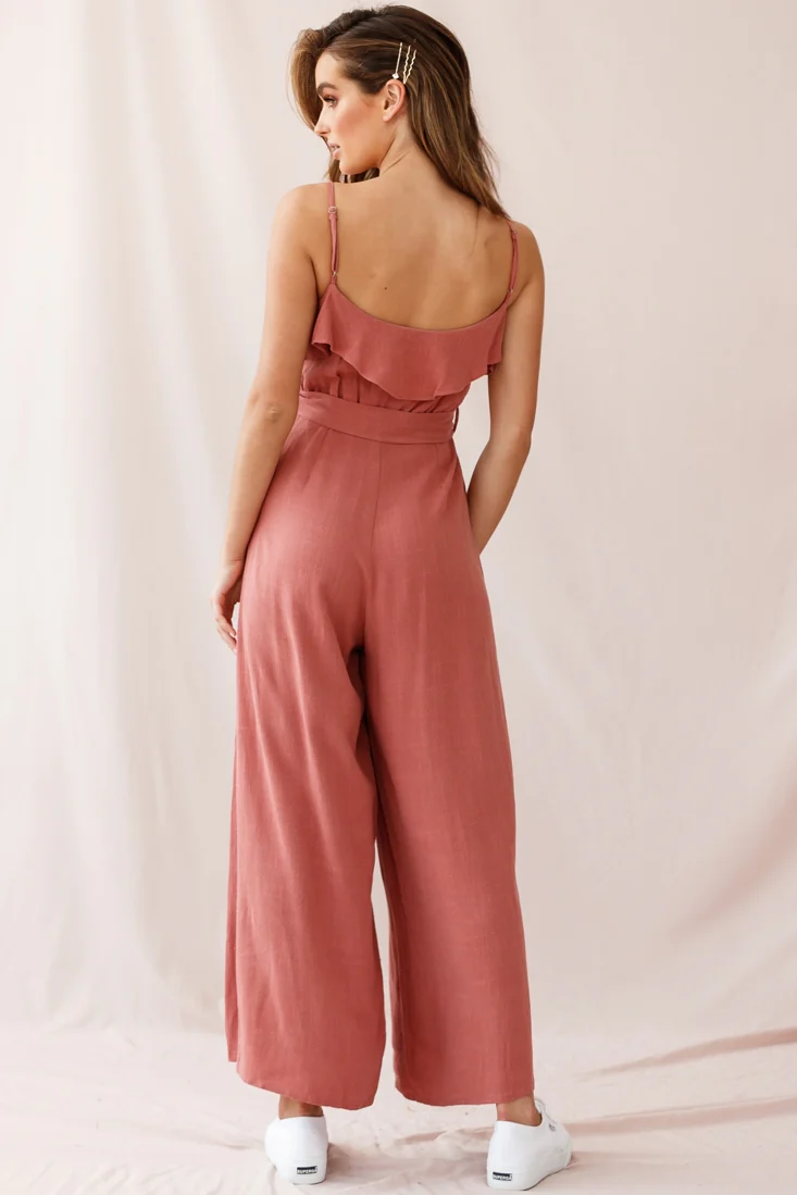 Mason Ruffle Neckline Wooden Buckle Belt Jumpsuit Rose