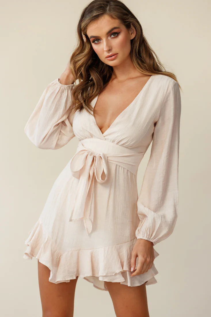 Maddox Long Sleeve Layered Ruffle Hem Dress Beige