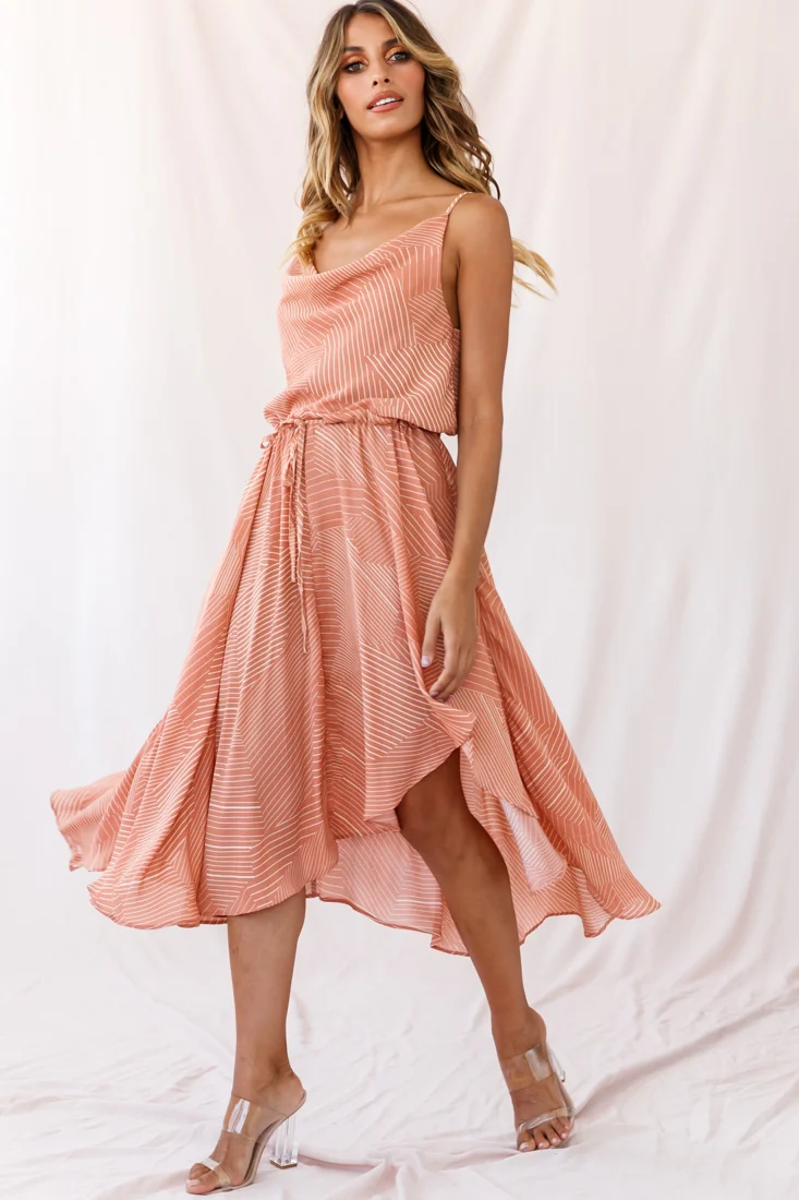 Ava Cowl Neck Drawstring Midi Dress Line Print Nude