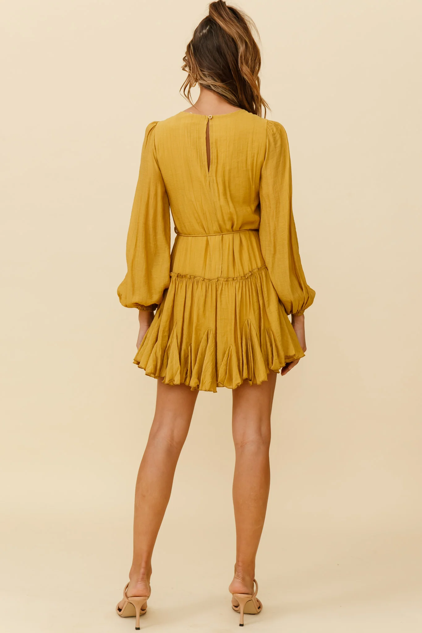 Rosabel Balloon Sleeve Fluted Hem Dress Mustard
