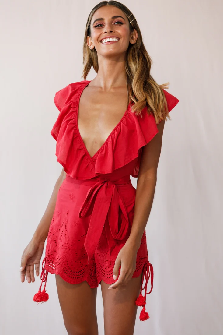 Kipper V-Neck Scalloped Romper Red