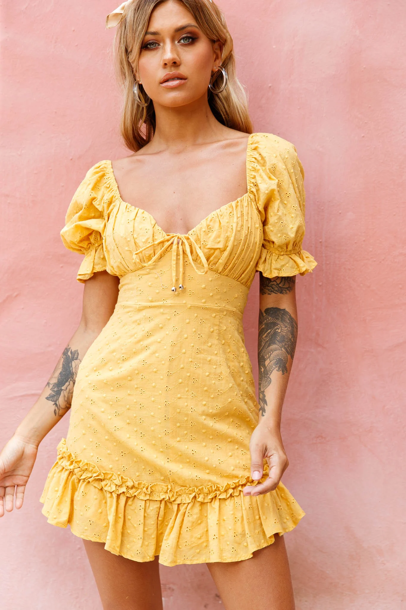 Hayden Puff Sleeve Eyelet Embroidery Dress Yellow
