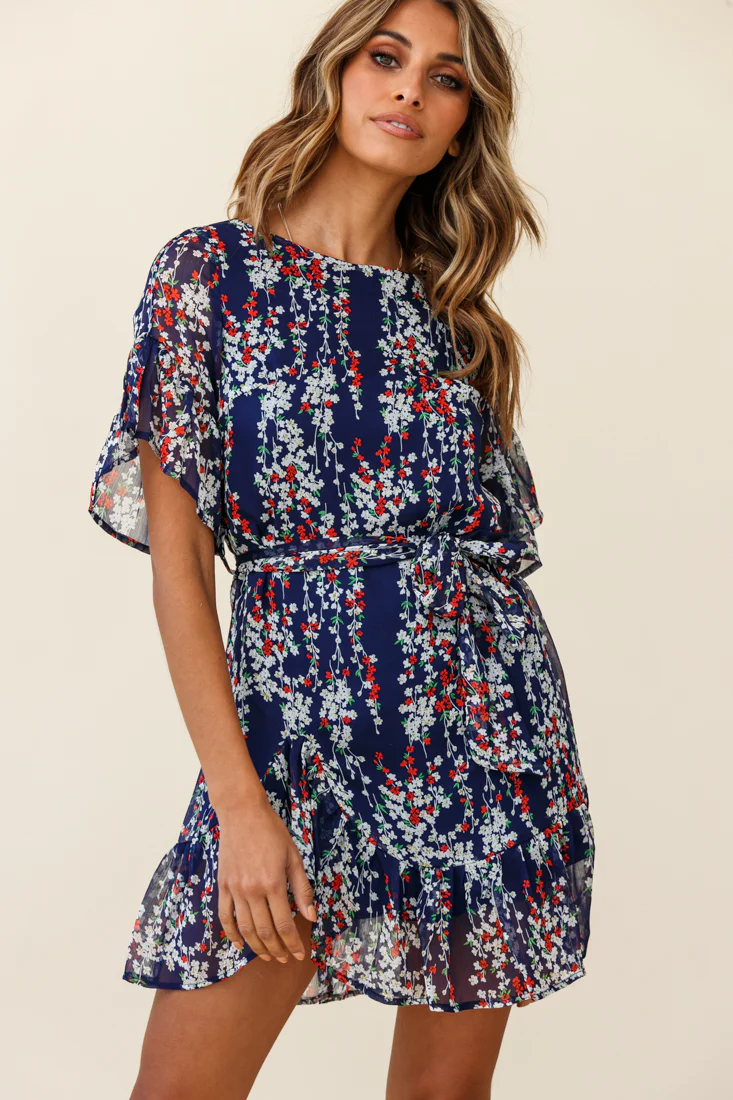Azealia Ruffle Hem Dress Floral Print Navy