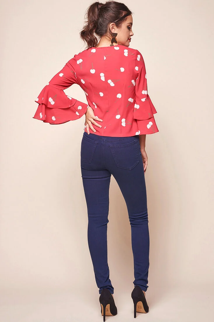 Robbi Cherry on Top Deep V Bell Sleeved Top Red