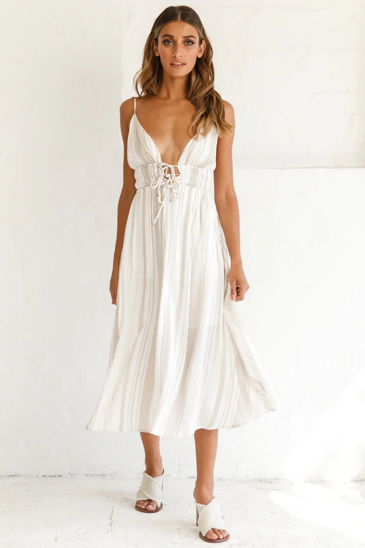 Hosanna Drawstring Detail Pocket Midi Dress Stripe Print Mocha